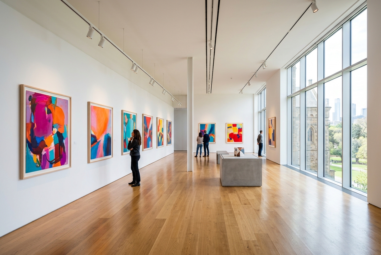 Inside an elegant art gallery